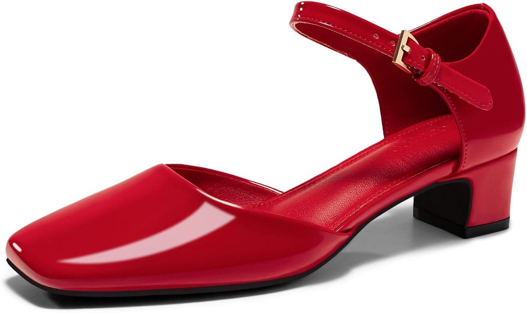 Coutgo Womens Chunky Low Heels Dress Shoes Ankle Buckle Strap Square Toe D'Orsay Pumps Work Party Shoes (7)
