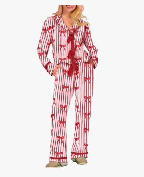 Women Christmas Satin 2 Piece Pajamas Set Bow Tie Long Sleeve Shirts Pants Santa Claus Print Pjs Set Sleepwear Small