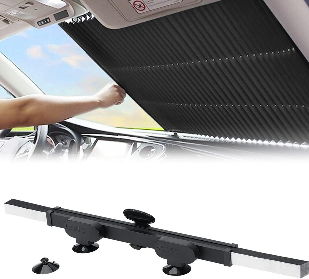 Retractable Windshield Sun Shade for Car, Large Sun Visor Protector Blocks 99% UV Rays to Keep Your Vehicle Cool, Auto Sunshade Fits Front Window of Various Models with Suction Cups, 60"L x 25.6"W