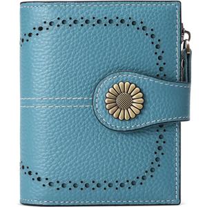 SENDEFN Small Womens Wallet Leather Bifold Card Holder RFID Blocking with Zipper Coin Pocket (2-Natural-Blue)