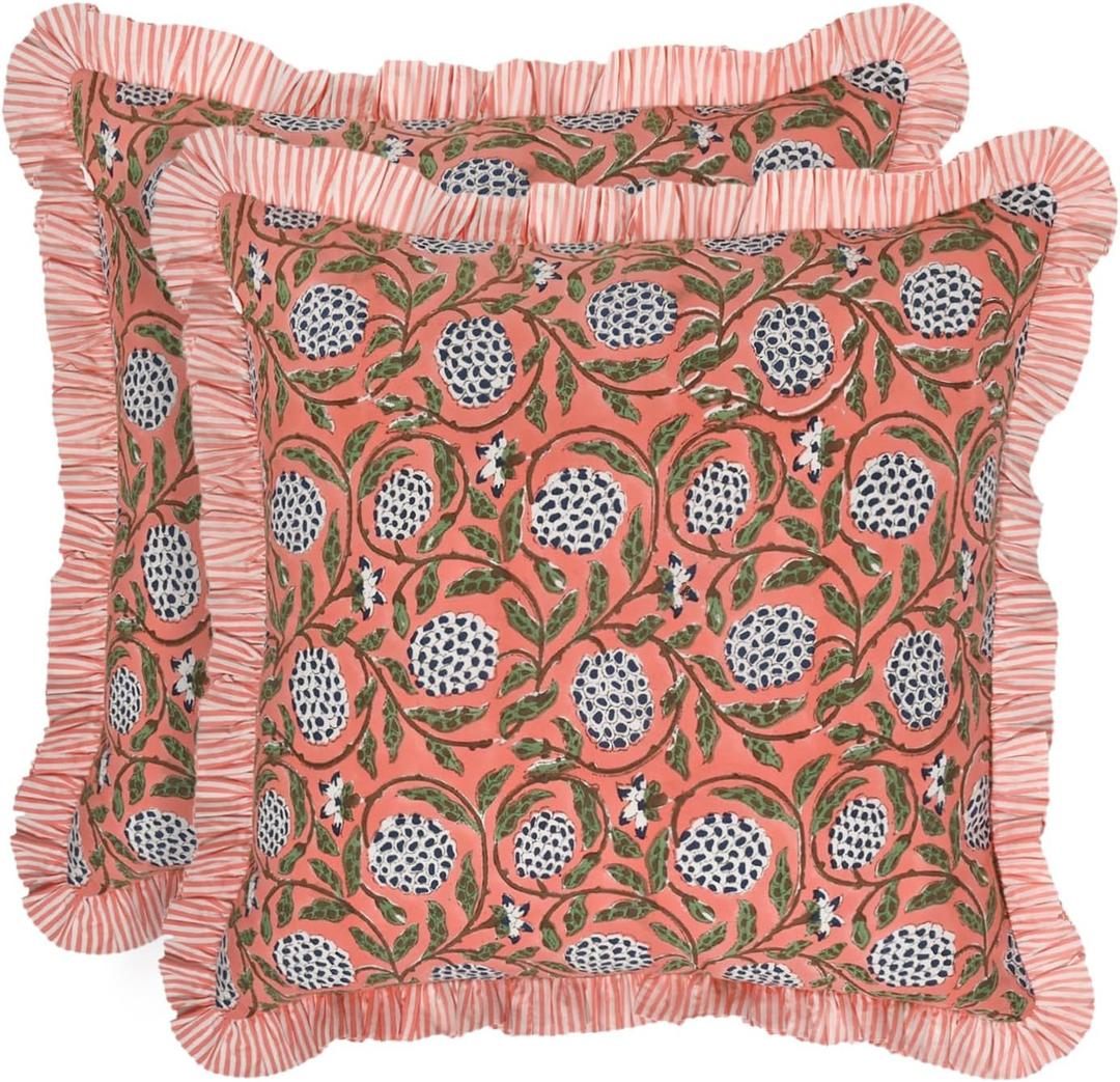 Ridhi Modern Farmhouse Pillow Covers Decorative Cotton Throw Pillow Covers Set of 2 Dark Salmon Pink Cushion Covers with Ruffle for Couch Sofa Bed Living Room Spring Home Decor 20x20