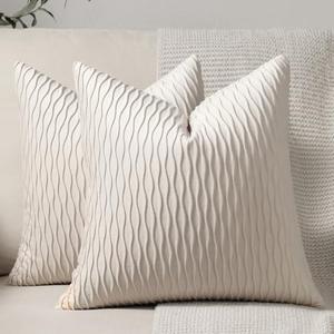 DEZENE Ivory White Couch Pillow Covers: 2 Pack 16x16 Inch Original Striped Velvet Square Throw Pillow Cases for Farmhouse Home Decor