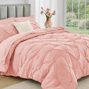 JOLLYVOGUE Queen Comforter Set 7 Pieces - Bed in a Bag Queen for All Season, Pintuck Bedding Comforter Sets with Comforter, Flat Sheet, Fitted Sheet and Pillowcases & Shams, Pink