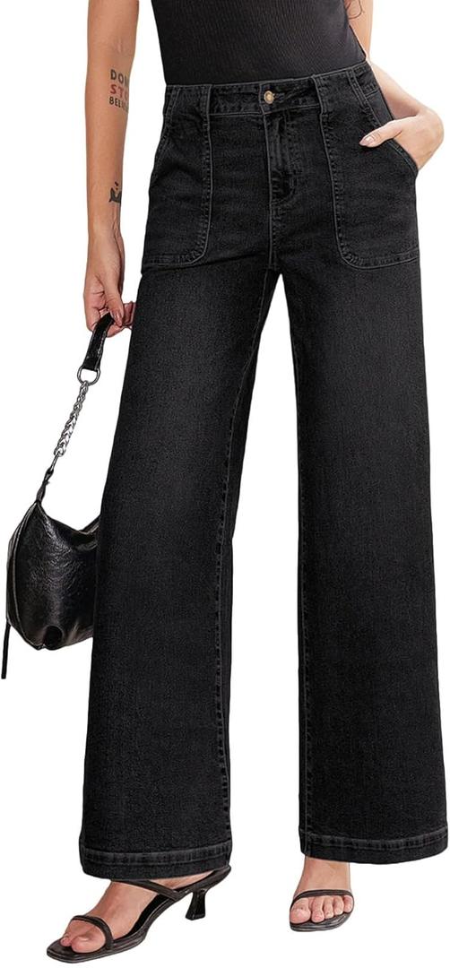 Sidefeel Womens Wide Leg Jeans High Waisted Stretchy Straight Leg Baggy Denim Pants with Pockets (4, Black)