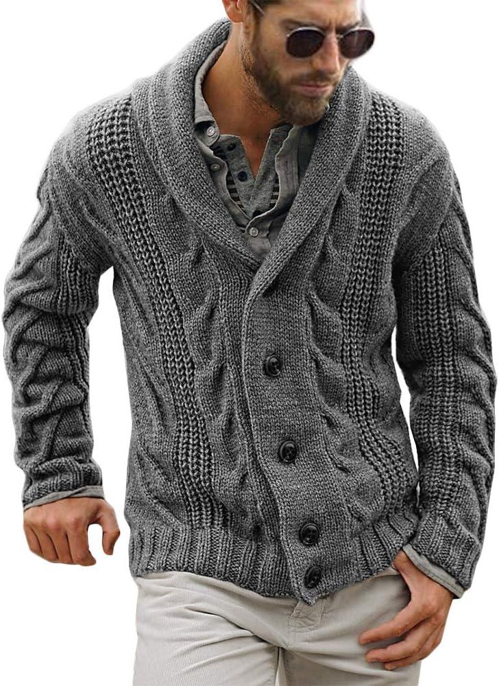 Mens Cable Knit Cardigan Sweater Shawl Collar Loose Fit Long Sleeve Casual Cardigans, Large, Grey