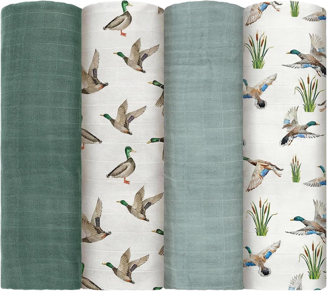 Oudain 4 Pcs Mallard Duck Muslin Swaddle Blankets Mallard Duck Crib Bedding Set Baby Blanket for Boys Girls 47 x 43 Inches Baby Blanket Neutral Swaddle Wrap 70% Rayon and 30% Cotton for Unisex Newborn