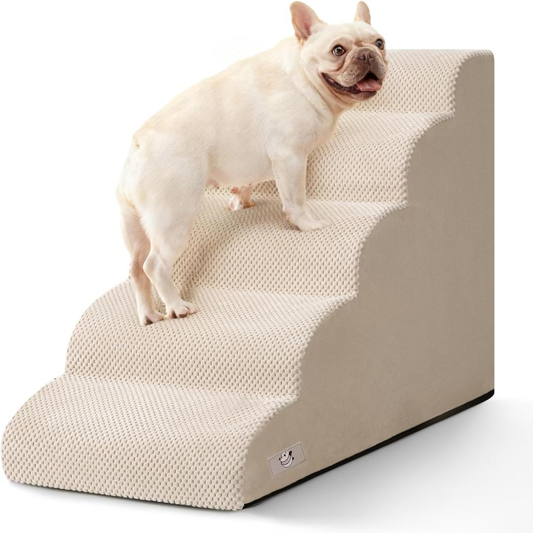 5 Step Dog Stairs for High Bed  Pet Steps for Small Dogs, Non-Slip Dog Ramp with Washable Cover, Pet Ladder for High Beds,Beige