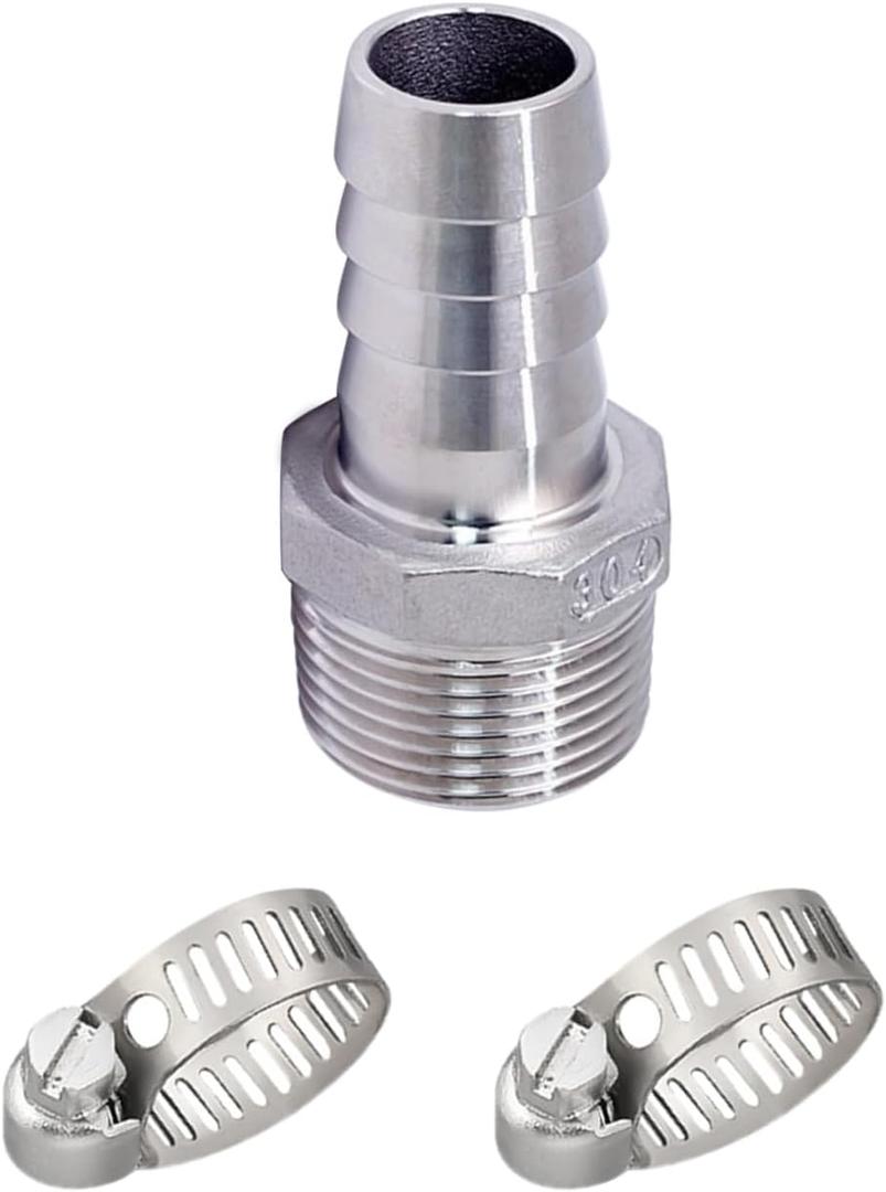 Stainless Steel 304 Hose Barb Fitting, 1-1/2" Barbed x 1-1/2" NPT Male Straight Adapter Connector with 1 Hose Clamps, Pack of 1