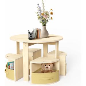 Toddler Table and Chair Set with 3 Storage Stools, Round Shaped Nesting Design, Kids Activity Table for Play/Art/Reading/Craft, Natural
