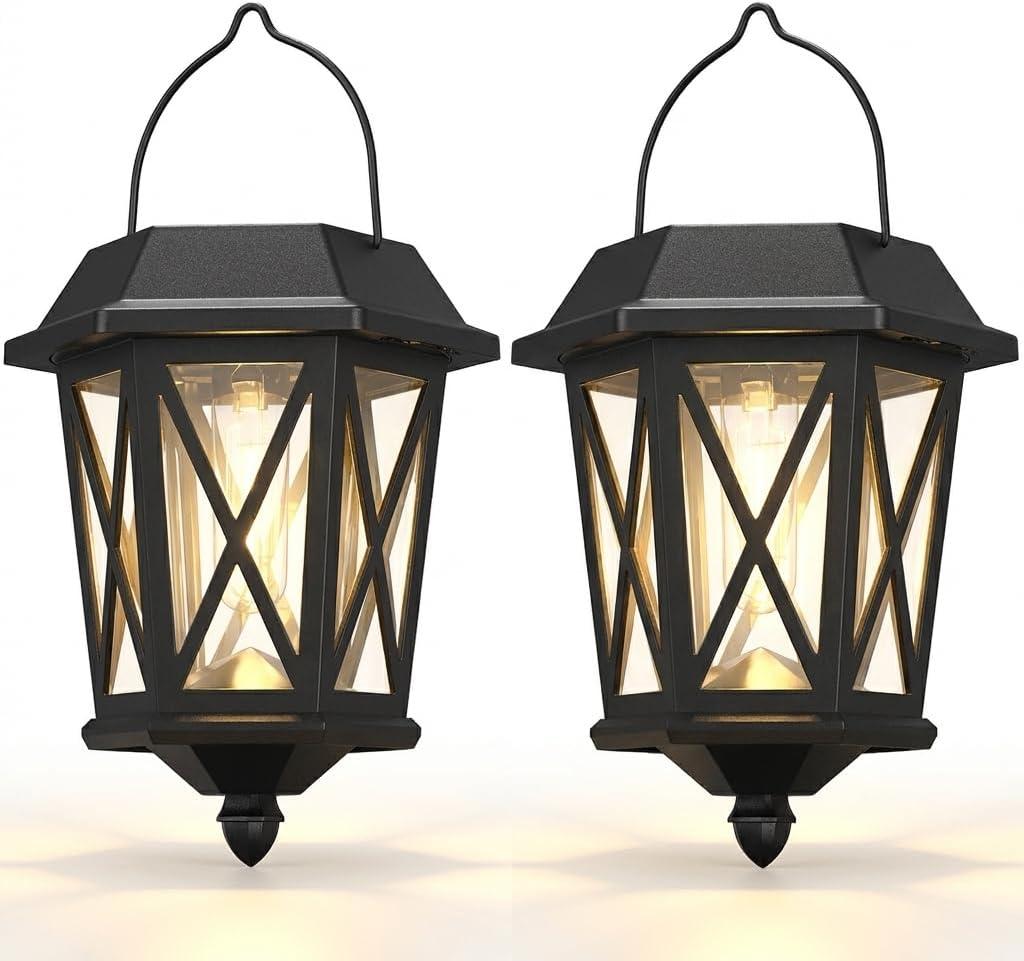 Solar Lanterns Outdoor Waterproof, Hanging Solar Lights with Glass Shade - 2 Pack LED Metal Wall Mount Outdoor Light for Yard/Garden/Patio - Black