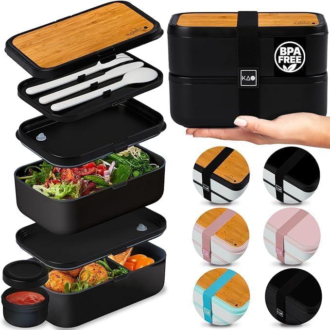 Double Premium Bento Box Adult, 67 fl oz BPA-Free - Black Stackable Lunch Box with Leak-Proof Lids & Dividers, Perfect for Meal Prep, Lunches & Portion Control (Bamboo Top)