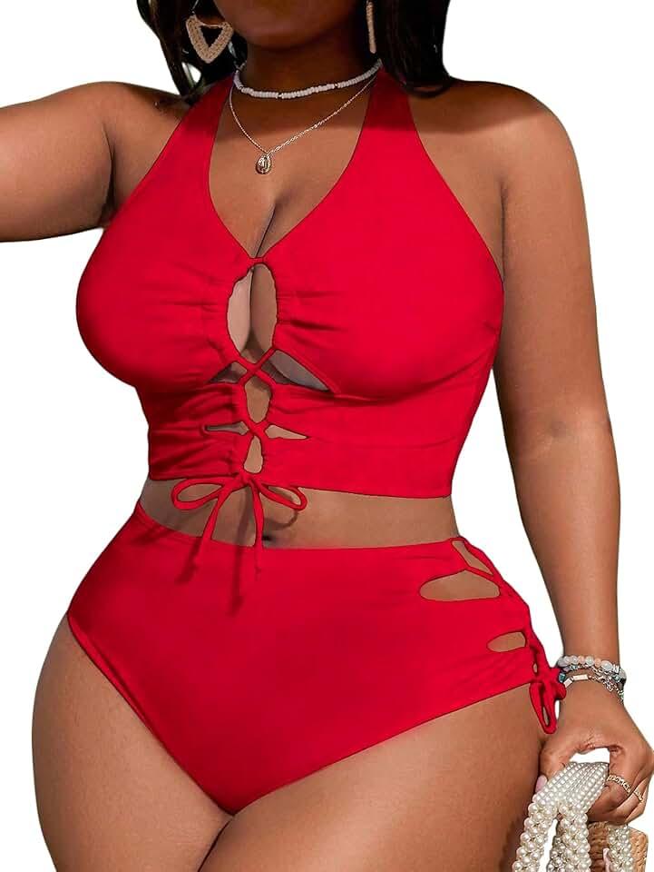 SOLY HUX Women's Plus Size Bikini Set Sexy Swimsuit Lace Up Tummy Control 2 Piece Bathing Suit, 2XL