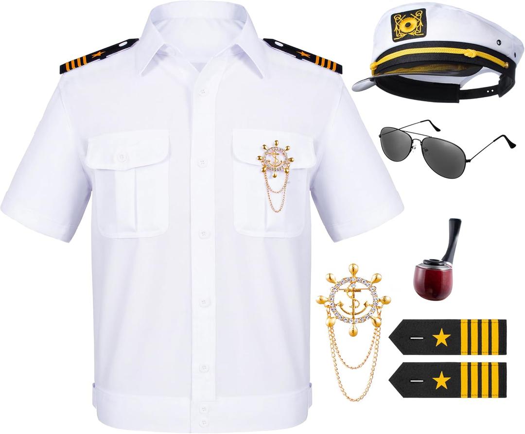 6PCS Men's Yacht Captain Sailor Costume Adult Shirt Hat Accessories Set Party Cosplay (White) Small