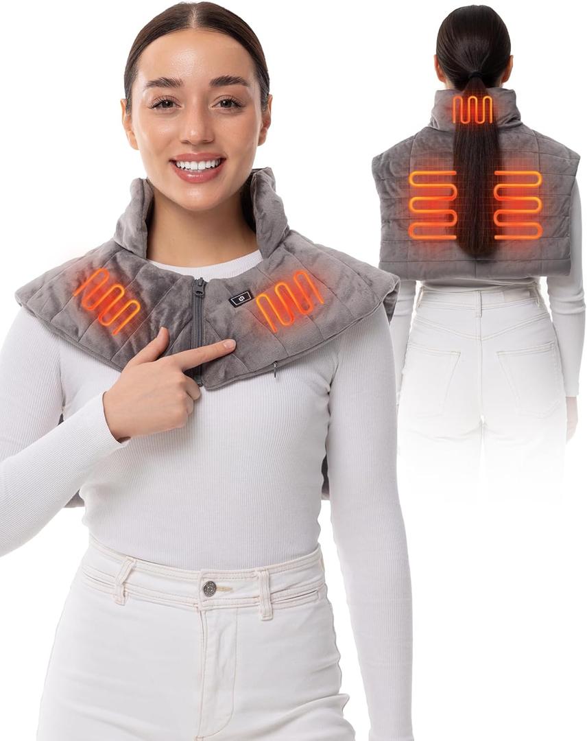 HENNCHEE Heating Pad for Neck and Shoulders and Back Pain Relief, Battery Wireless Heated Wrap Weighted Neck Warmer Grey