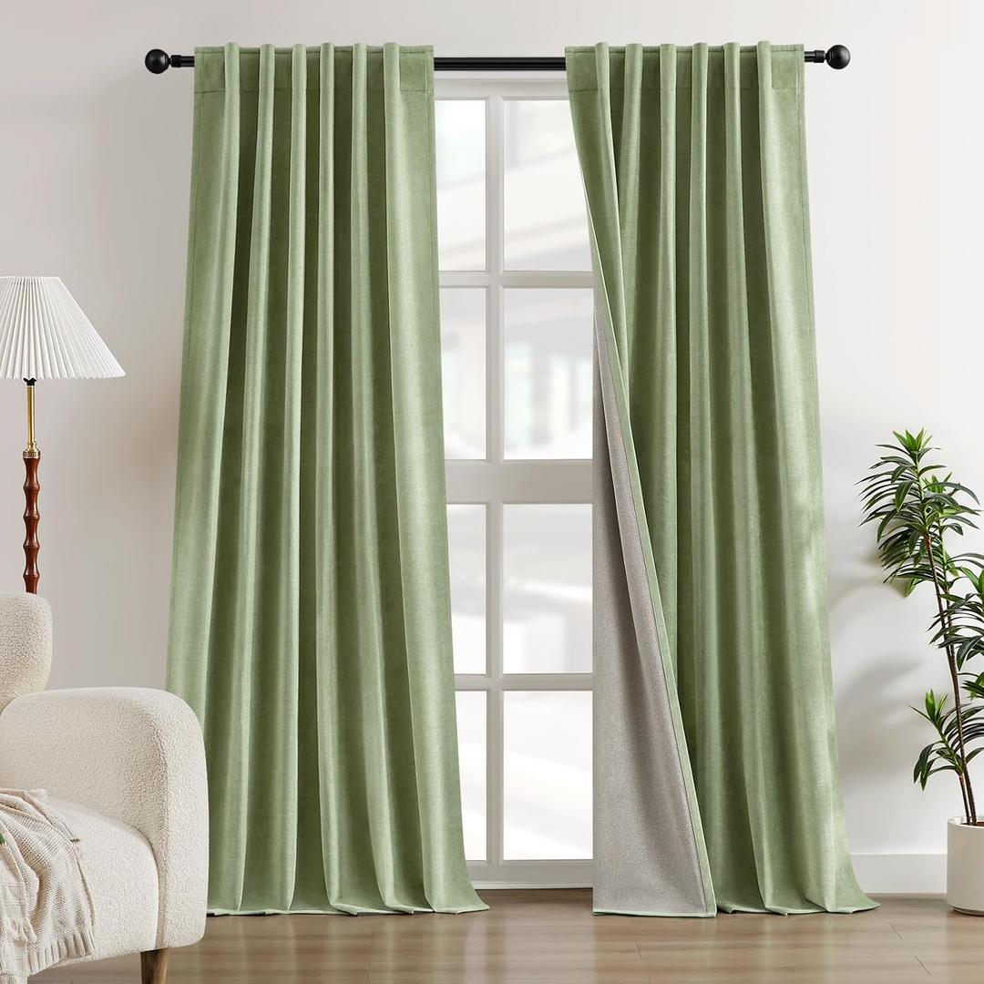HOMEIDEAS Full Chenille Blackout Curtains for Bedroom Sage Green Curtains 84 Inch Length 2 Panels for Living Room Thermal Insulated Black Out Grommet Window Drapes, W52 x L84