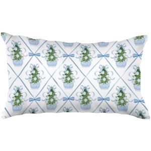 Elpwk Blue Bow Christmas Tree Chinoiserie 12x20 Pillow Cover,Grandmillennial Christmas Decor,Coquette Preppy Xmas Tree Checkered Lumbar Pillow Covers Cases Decorative for Home Bedroom Living Room