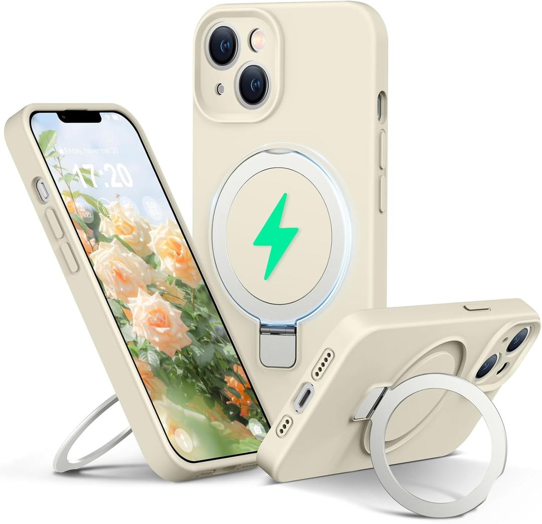 Liquid Silicone Case for iPhone 13 with Magnetic Ring Stand, Upgraded Camera Lens Protection, Mil-Grade Drop Shockproof, Soft Anti-Scratch Microfiber Lining Silicone Case (Beige)