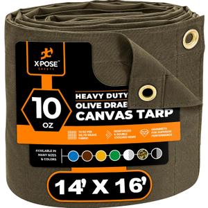 Xpose Safety Canvas Tarp - 10oz Olive Drab Canvas Tarps Heavy Duty Water Resistant with Brass Grommets- Multipurpose Outdoor Tarpaulin for Camping, Canopy, Trailer, Equipment Cover 14' x 16'