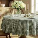 Mindsoft Green Gingham Ruffled Tablecloth 70 x 70 Inches Round Cotton Linen Checkered Table Cloth Buffalo Plaid Farmhouse Vintage Decorative Tablecover for Picnic Kitchen Dining Room Home Party