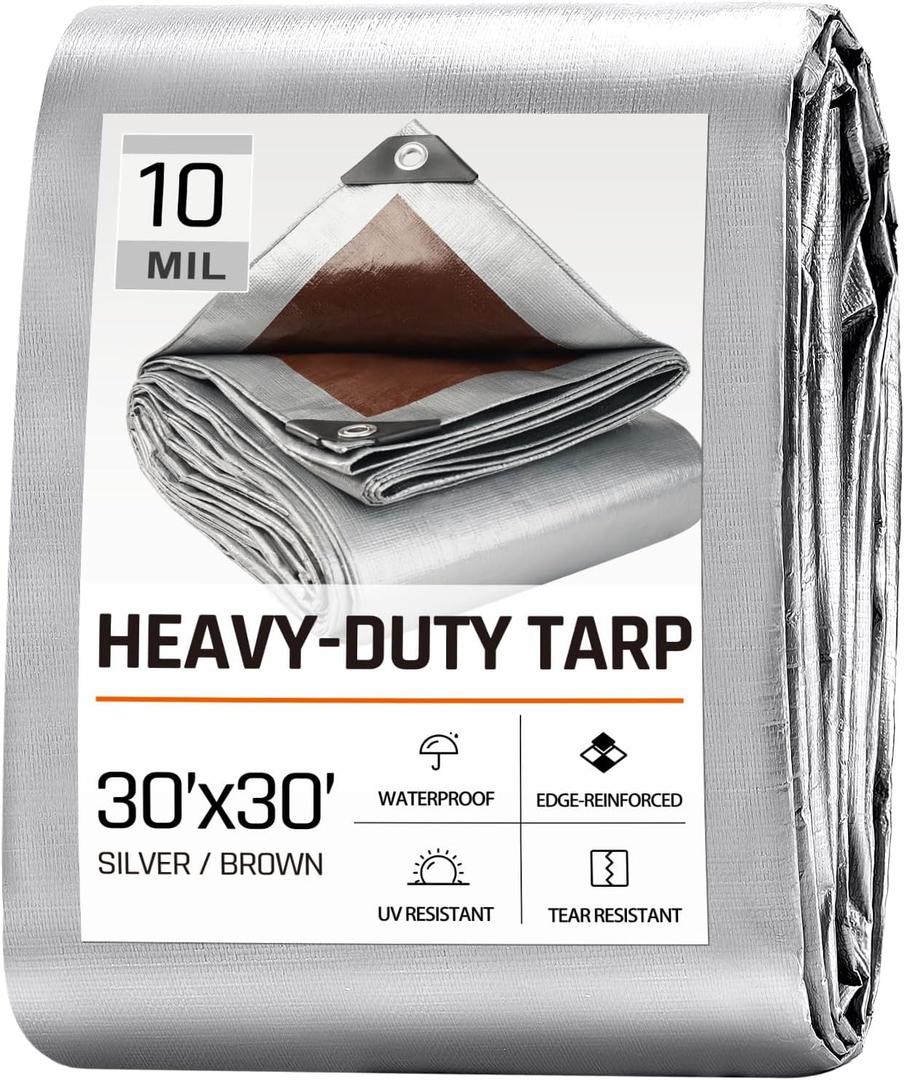 30 x 30 FT Waterproof Heavy Duty Tarp, 10 Mil Thick, Outdoor Furniture Covers, Plastic Insulated Tarpaulin for Camping Tent Roof Boat Patio Pool Cover, Large & Small Multi-Size Tarps, Silver/Brown