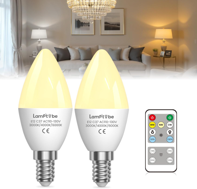 E12 LED Candelabra Light Bulbs 40 Watt Equivalent with Remote Control,Dimmable Type B Bulbs with 3 Color Temperatures & Timer Memory,4W B11 C37 Candle Small Base for Ceiling Fan,Chandelier,Night Light