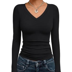 Trendy Queen Long Sleeve Shirts for Women 2026 Fall Fashion V Neck Basics Crop Tops Slim Fitted Y2K Tops Outfits Clothes (Black, S)
