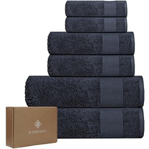 BIOWEAVES 100% Organic Cotton 700 GSM Plush 6-Piece Towel Set GOTS Certified, 2 Bath Towels, 2 Hand Towels & 2 Washcloths - Charcoal (6 Pc Towel Set)