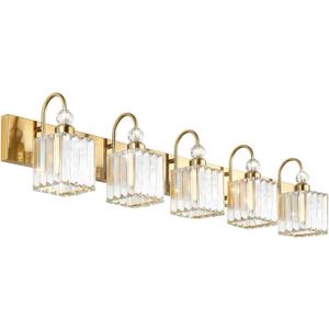 Ralbay Gold Crystal 5-Light Bathroom Vanity Lights Over Mirror Modern Crystal Gold Bathroom Vanity Lighting