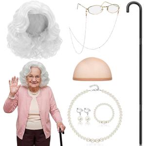 Gejoy 8 Pcs Old Lady Costume for Women, Grandma Wig Costume Accessories for 100 Days Cosplay(Matte White Wig)