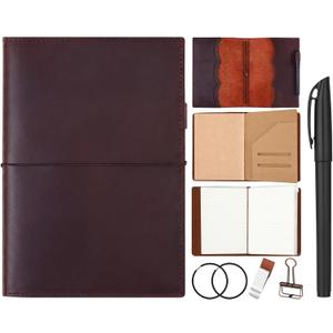 Eaasty Leather A5 Travelers Journal Notebook Cover with Inner Pockets, Card Slots and Pen Holder, Travelers Journal Inserts, PVC Folder, Binder Clip and Elastic Bands for Women Men (Brown)