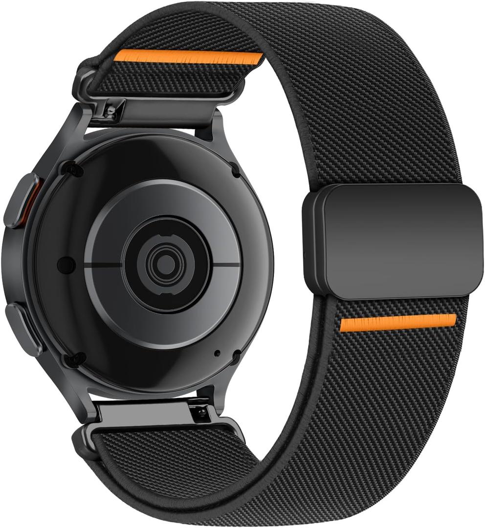 Magnetic Elastic Bands for Samsung Galaxy Watch 7/6/5/4/FE 40mm 44mm/Galaxy Watch 6 Classic 43 47mm/5 Pro 45mm/4 Classic 42 46mm/Active 2, 20mm Wristband Stretchy Nylon Sport Strap Men Women (02-Black Orange Line)