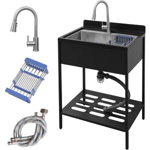 Portable Freestanding Stainless Steel Laundry Utility Sink with Cold and Hot Water with Cabinet Faucet Outdoor Kitchen Black Utility Sink