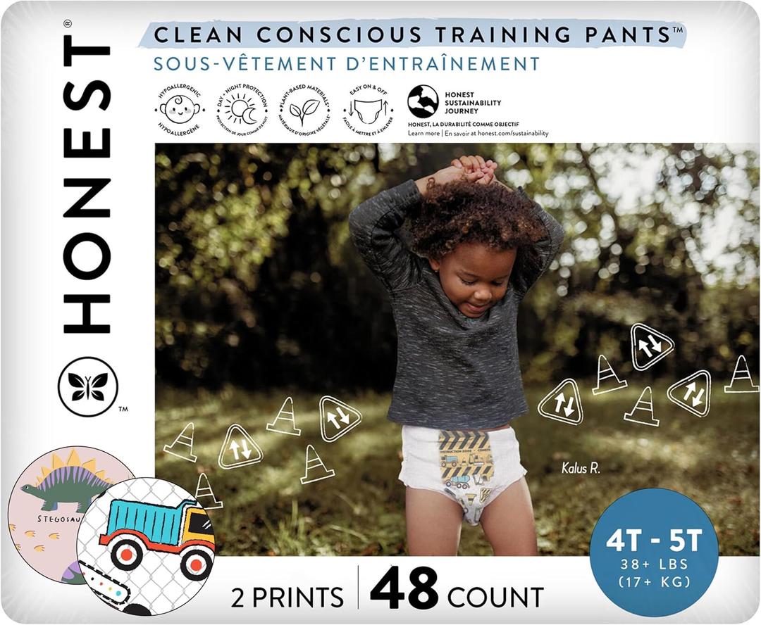 The Honest Company Clean Conscious Training Pants for Sensitive Skin, Hypoallergenic, Fragrance-Free, Rompin' & Stompin' Diggin' It, Size 4T/5T (38 lbs), 48 Count
