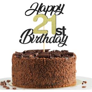 3 x Sumerk Happy 21st Birthday Cake Toppers Black & Gold Glitter 21st Birthday Cake Decorations 21 Cake Topper for Birthday Party