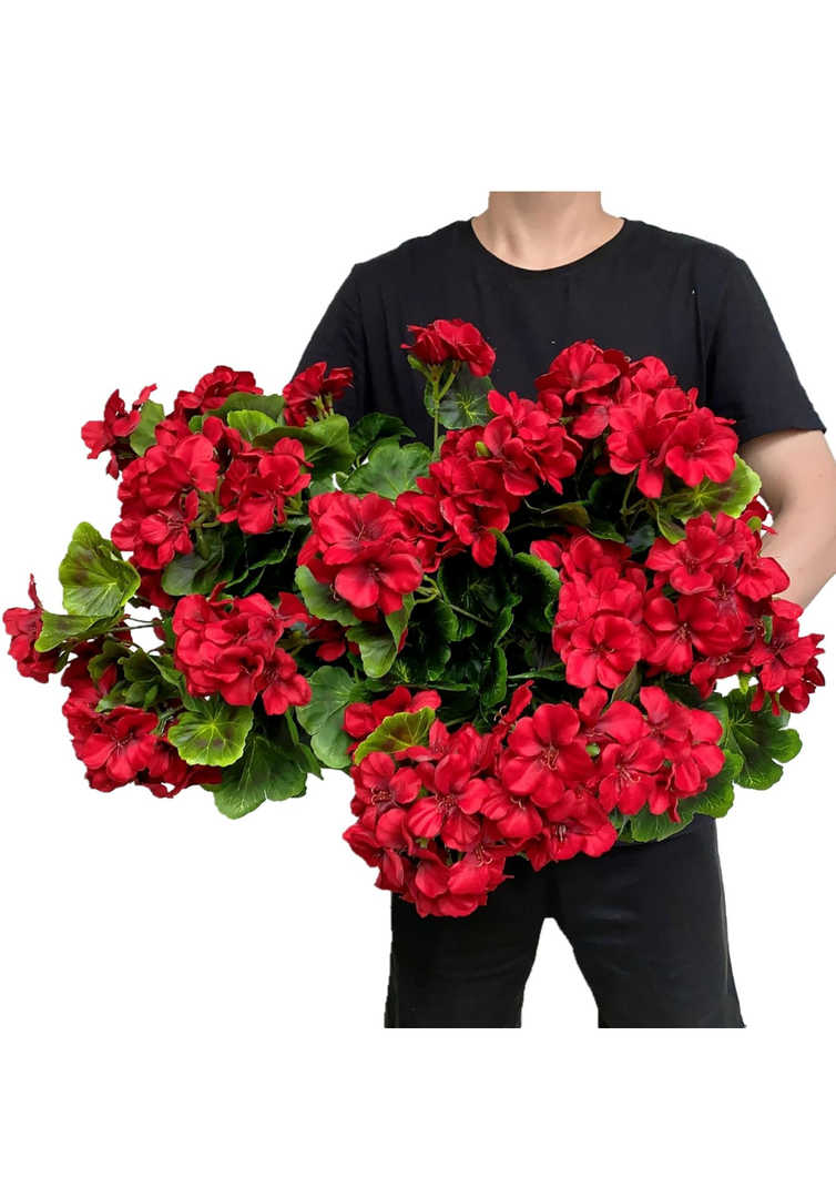 Pack of 4 - Artificial Geraniums Bundles Full Blooms Silk Flower Plants Geranium Bush Red Color for Home Garden Wedding Indoor Outdoor Decor (Red - Pack of 4)