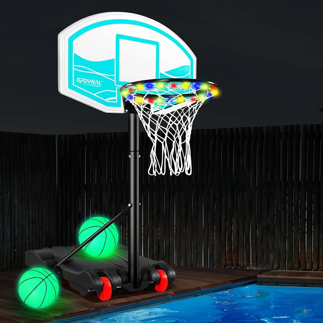 SPOYNAL Pool Basketball Hoop 7-Height Adjustable Swimming Pool Basketball with LED Light, 2 Balls & Pump, Portable Water Basketball Goals System