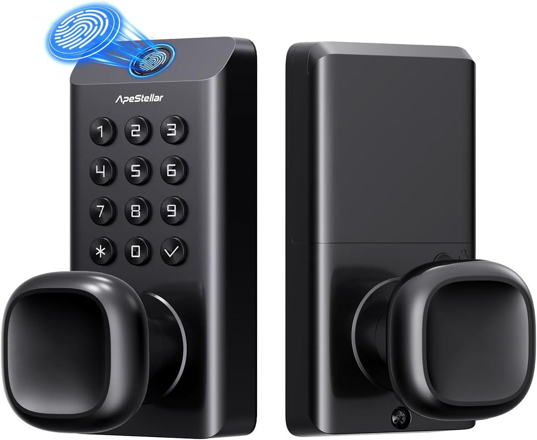 ApeStellar Fingerprint Keyless Entry Door Lock, Fingerprint Door Knob, Keypad Door Lock with Handle, Digital Electronic Door Knob for Front Door & Bedroom, High Durability, Voice Prompt for Easy Use, Black