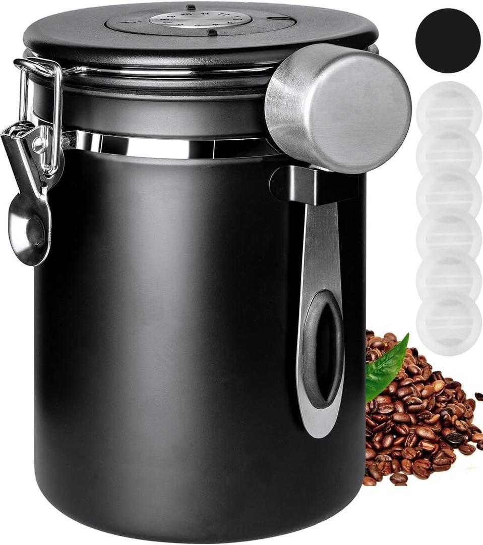 INFTYLE Coffee Canister with Airtight Lid, 22oz, 60 fl oz White, Stainless Steel Air Tight Lid Container with Date Tracker and Scoop Food Storage Jar for Grounds Coffee, Beans, Flour, Cereal (Black)