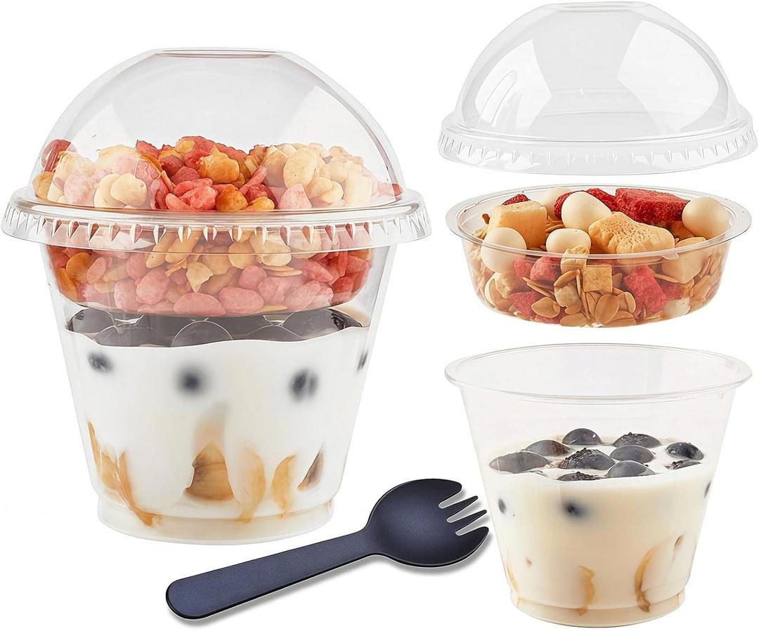 Zezzxu 50 Pack 9 oz Disposable Parfait Cups with Dome Lids No Hole, Toppings Compartment and Spork, Yogurt Conatiner with Granola Holder for Take Away Breakfast and Snacks, No Leaking