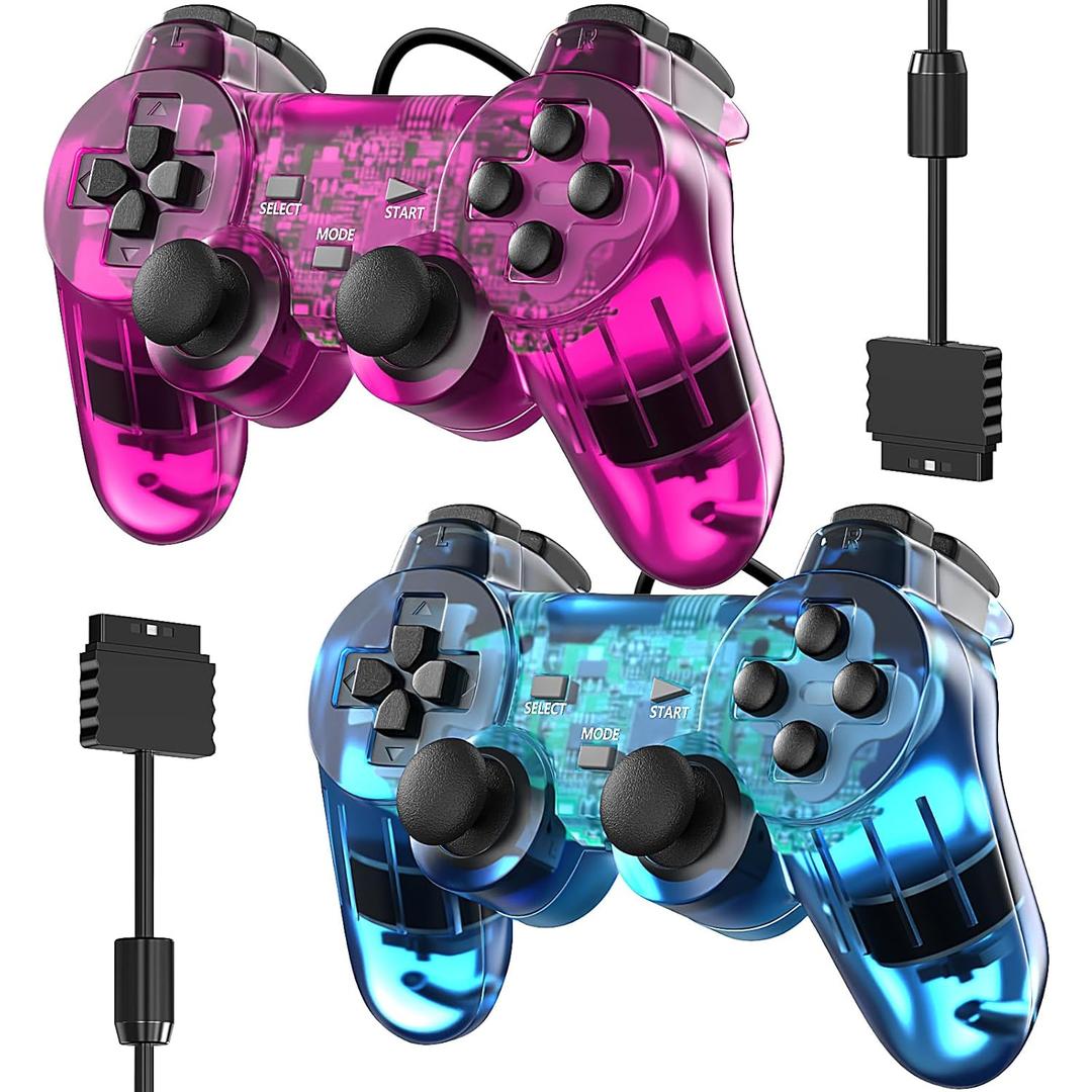 Degulan Wired Controller for PS-2 High Performance Double Shock Gamepad Joystick Remote Compatible with Play 2 (ClearPurple and ClearBlue)