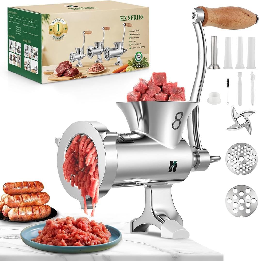 Huanyu Meat Grinder Manual Stainless Steel - Heavy Duty, Sausage Tubes, Table Clamp, Meat Grinders for Home Use, for Chicken, Beef, Small Bones, Chili HZ-8