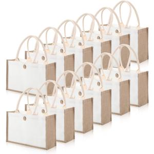12 Pieces Jute Tote Bags Burlap Tote Beach Bags with Handles Reusable Waterproof Tote Shopping Bag Blank DIY Canvas Gift Bag (Classic Color)