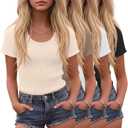 4 Pack Girls' T-Shirts Short Sleeve Ribbed Knit Tops Soft Slim Fit Scoop Neck Summer Athletic Basic Tees 5-14 Years