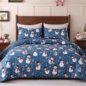 Invoibler Christmas Quilt Set King Size 3PC Snowman Snowflake Bedding Set Reversible Winter Blue Plaid Holiday Quilts Xmas Bedspread Coverlet (1 Quilt, 2 Pillow Shams)