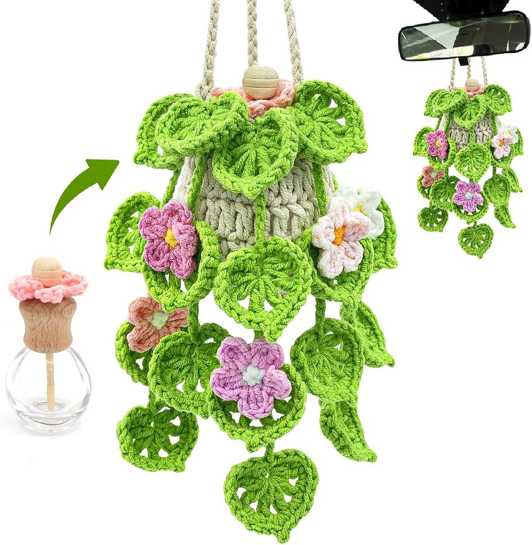 Crochet Car Air Freshener, 15ml Empty Refillable Oil Diffuser Bottle with Hanging Crochet Flowers Plant for Car Rearview Mirror Decor Air Freshener Diffuser for Home, and Office Decor(Flowers)