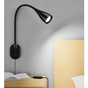 Wall-Mounted LED Bedside Reading Light with USB Charging Port, 10-Level Dimmable & Adjustable 5 Color, Plug-in Adhesive Night Lamp for Books in Bed, Eye-Caring Bedroom Lighting (Black)