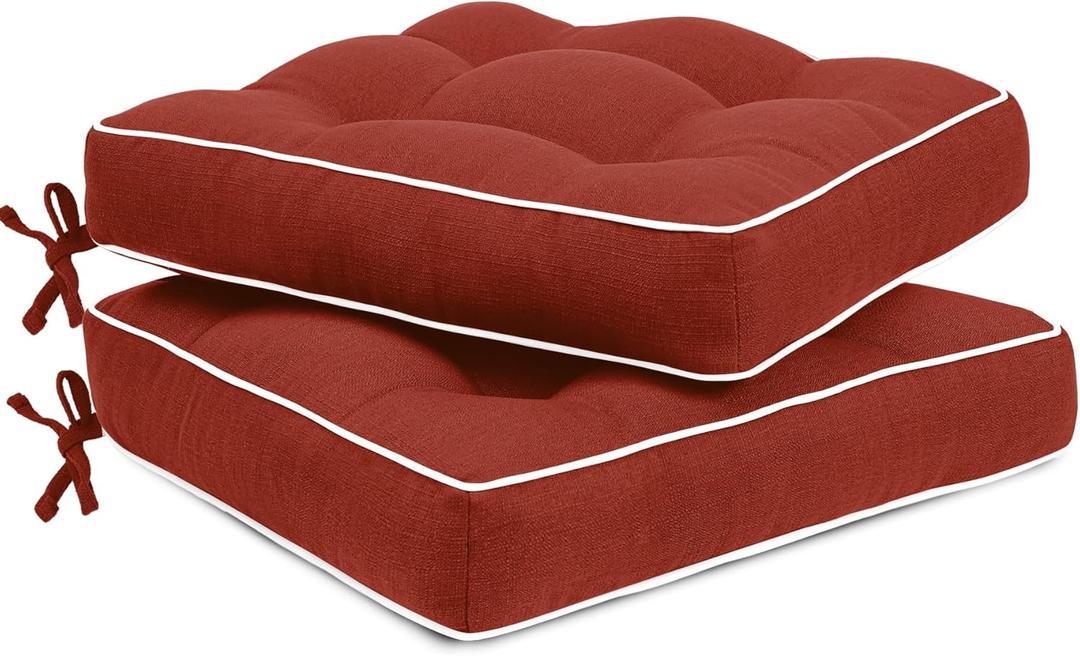 Favoyard Patio Cushions 17 x 17 Inch Indoor & Outdoor Chair Cushions Water-Resistant Seat Cushion for Patio Furniture 3-Year Color Fastness Square Tufted Couch Chair Pads with Ties, 2 Pack, Red