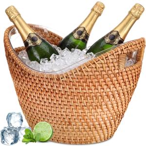 meekoo 1 Pack 6.2 L Handmade Rattan Wicker Champagne Ice Bucket with Removable Acrylic Liner Rattan Wicker Wine Beer Soda Bucket Outdoor Party Ice Tub Coastal Cooler Basket for Beach Coastal Decor