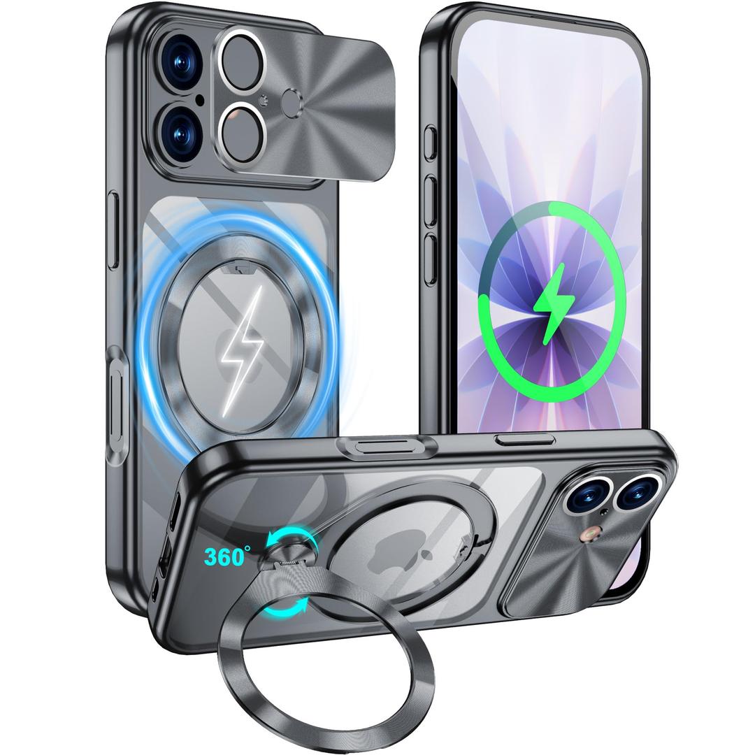 Ougsuico for iPhone 17 Case with Ring Stand Camera Protection Lack Black