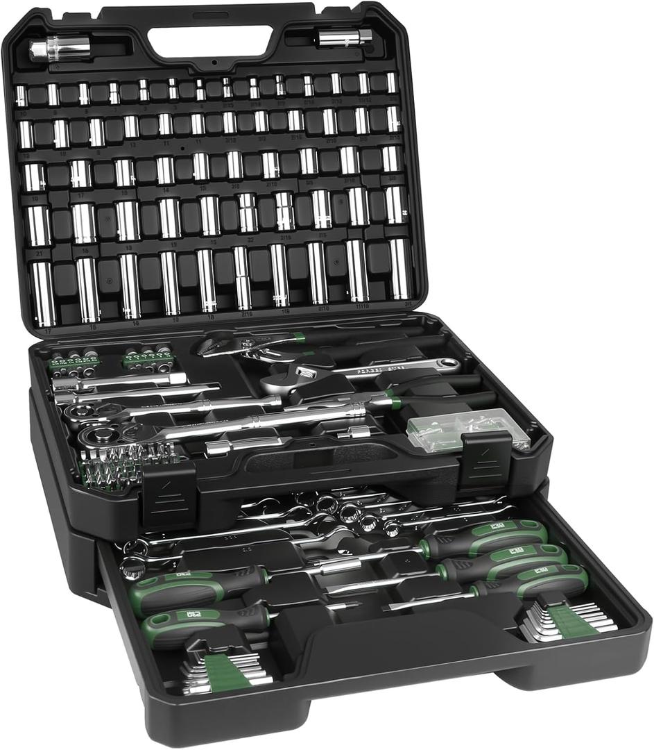 Prostormer Mechanics Tool Set with Drawer Box, 279-Piece SAE and Metric Mechanic Tool Kit with Wrenches & Sockets, General Tool Kit for Car, Motorcycle, Home Repair (Green)